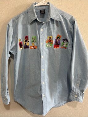Warner Bros. Light Blue Denim Button-Down Shirt with Looney Tunes Patch Row